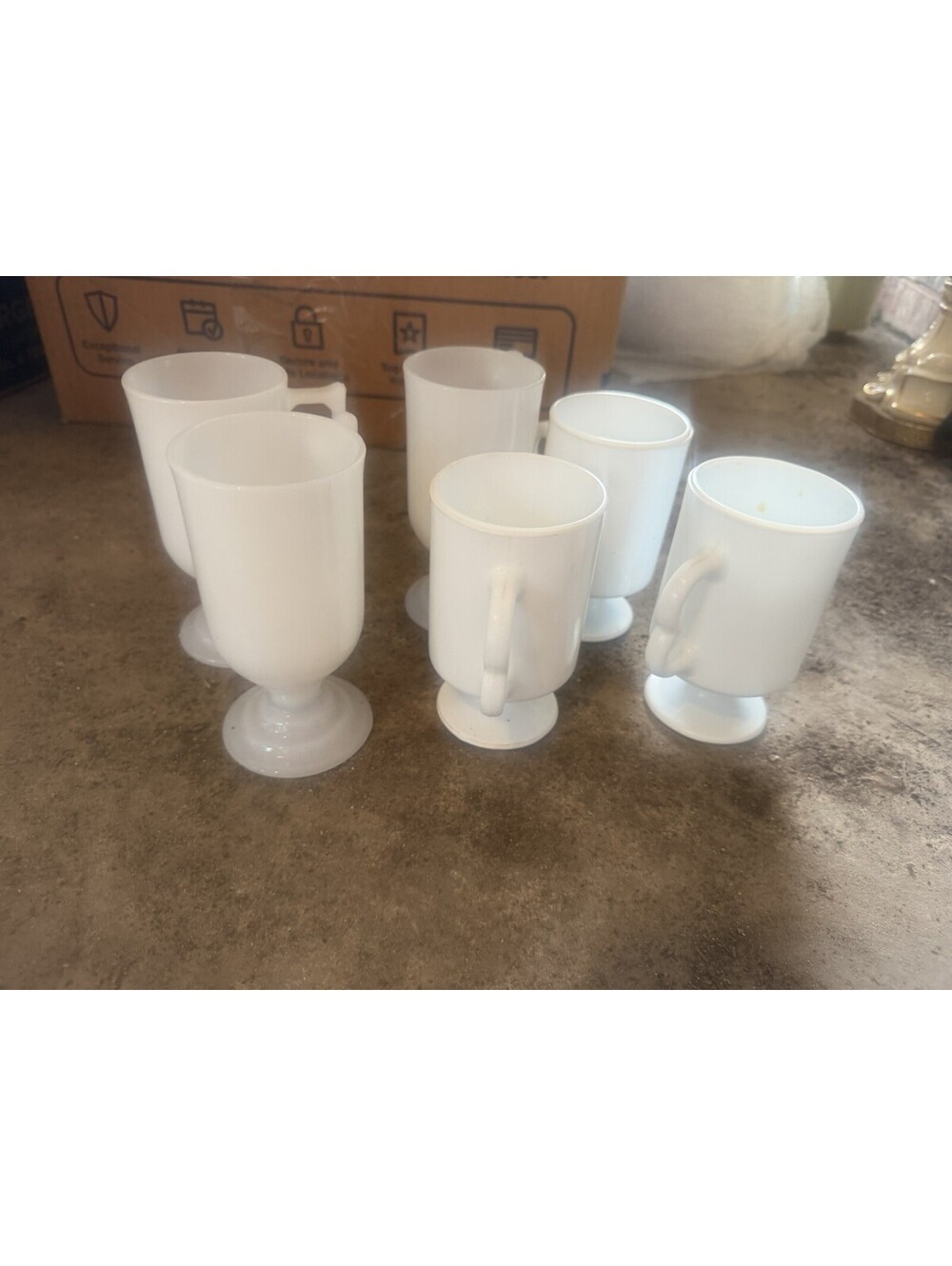 Lot of 6 Vtg Milk Glass White Pedestal D Handle Retro Tall Mugs Coffee Cups 5.5”